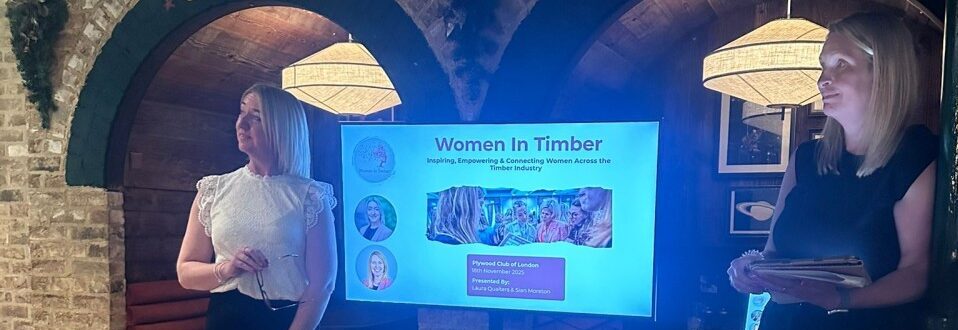 Laura Qualters and Siân Moreton presenting at the Plywood Club of London speaking about Women in Timber
